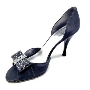 Stuart Weitzman Black Satin Open Toe Leather Heels